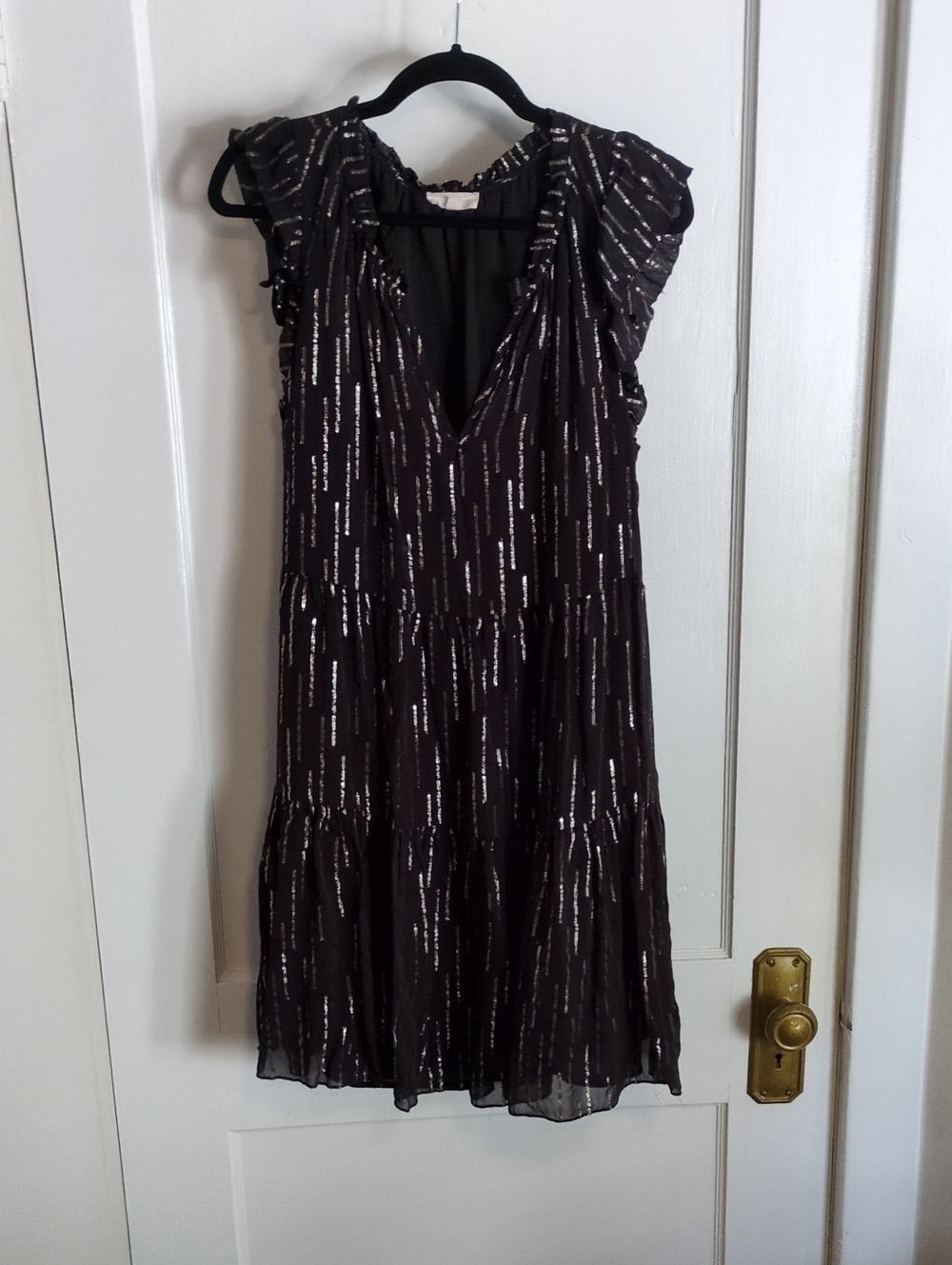 Flutter Sleeve Black Dress with Silver Accents